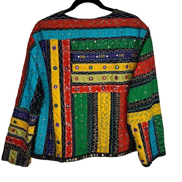 Chicos Multicolor Patchwork Embroidered Jacket 100% Cotton Boho Artsy Sz 3 XL/16 - Picture 7 of 9
